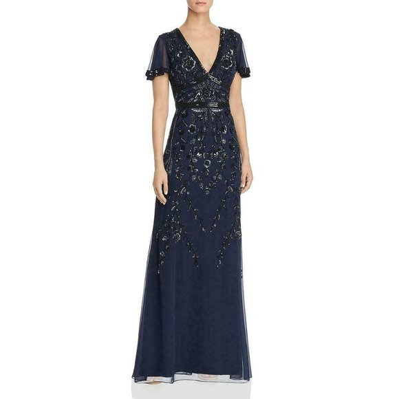 Aidan Mattox Womens Floral Beaded Long Gown Navy Blue Various Sizes New $495 - Picture 2 of 4